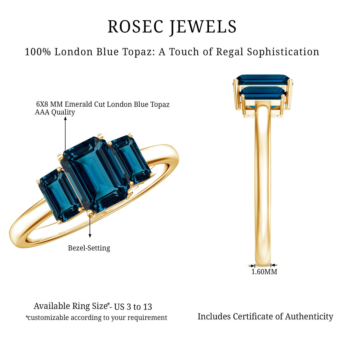 Emerald Cut London Blue Topaz Three Stone Engagement Ring
