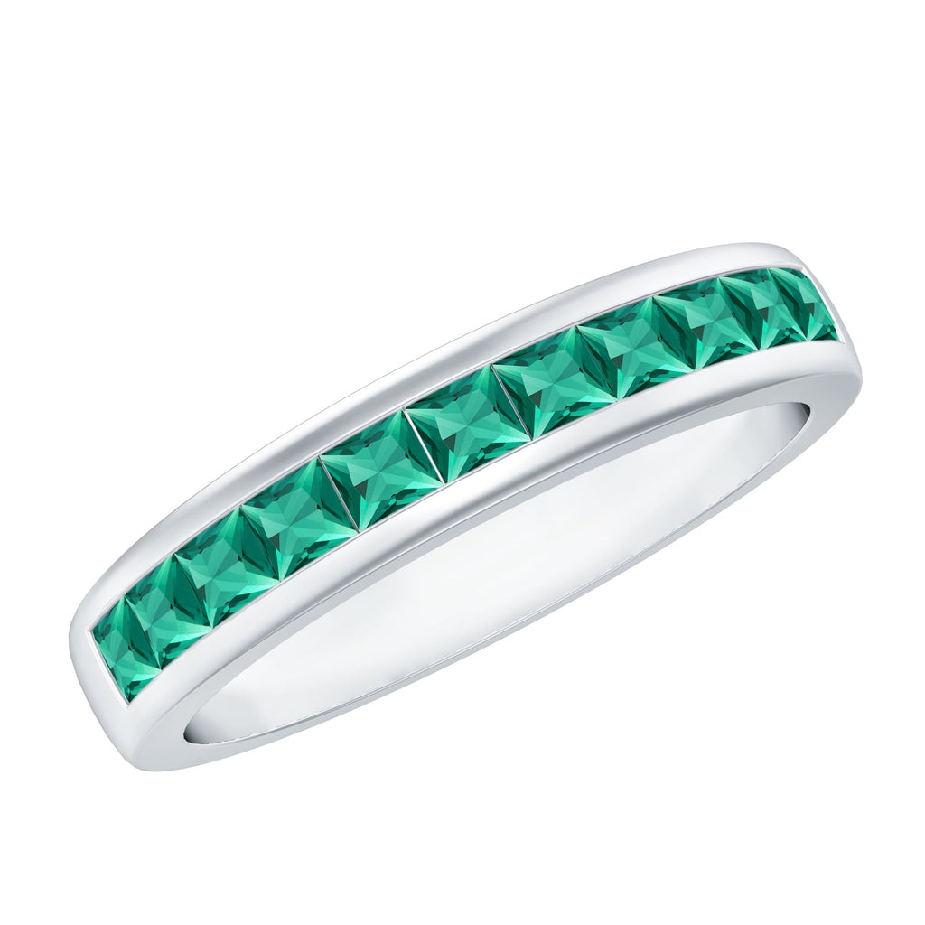 Channel Set Princess Cut Lab Grown Emerald Half Eternity Band with Certificate