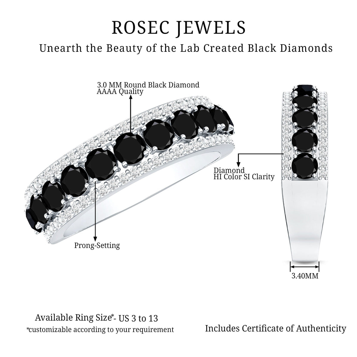 Certified Lab Grown Black and White Diamond Half Eternity Band Ring for Women