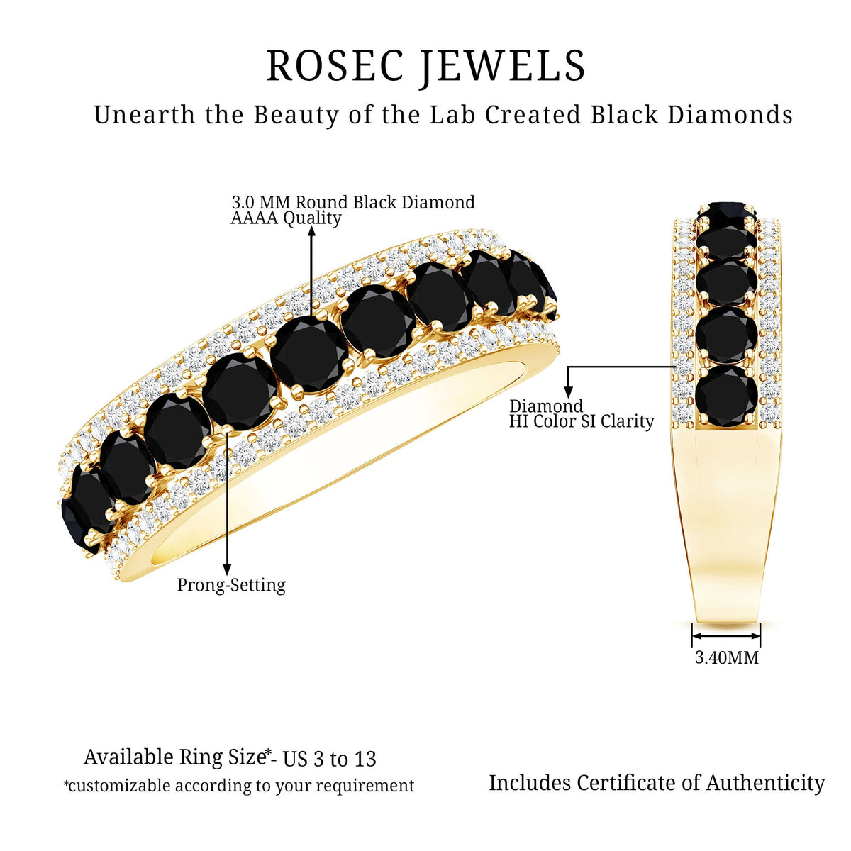 Certified Lab Grown Black and White Diamond Half Eternity Band Ring for Women