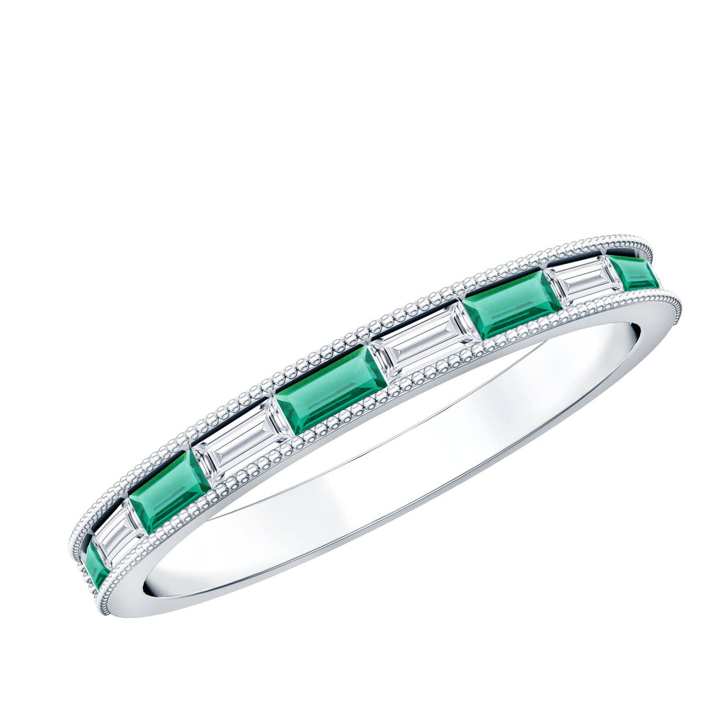 Baguette Cut Lab Grown Emerald and Diamond Band Ring