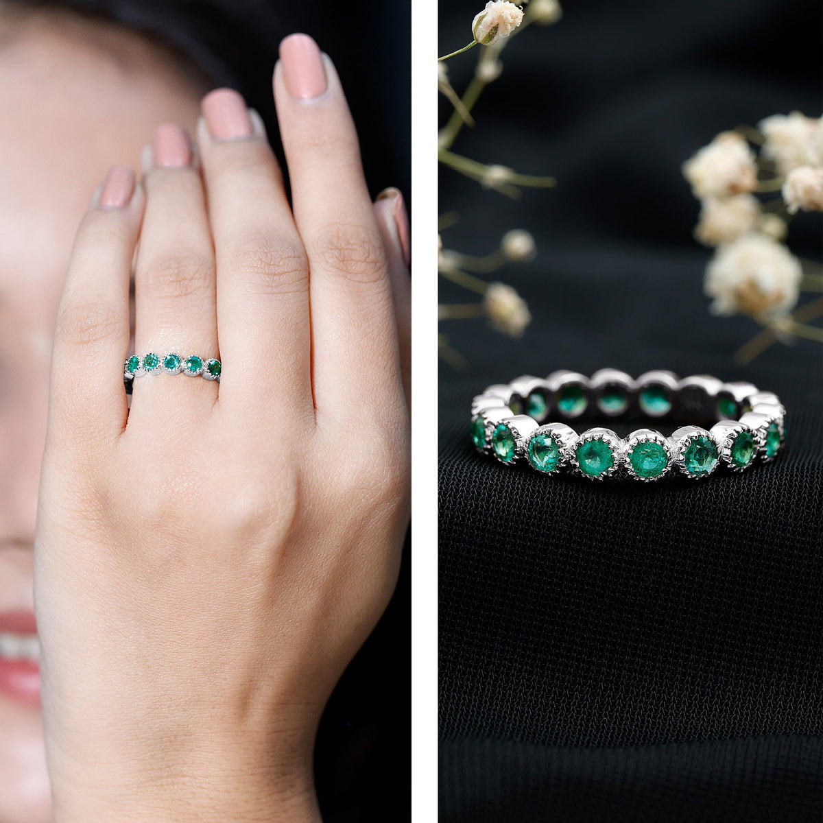 Round Emerald Milgrain Bezel Eternity Wedding Band
