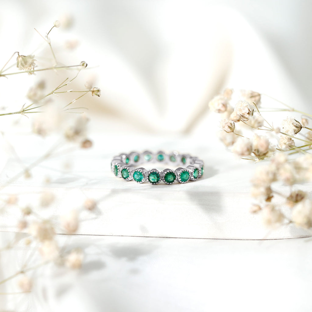 Round Emerald Milgrain Bezel Eternity Wedding Band