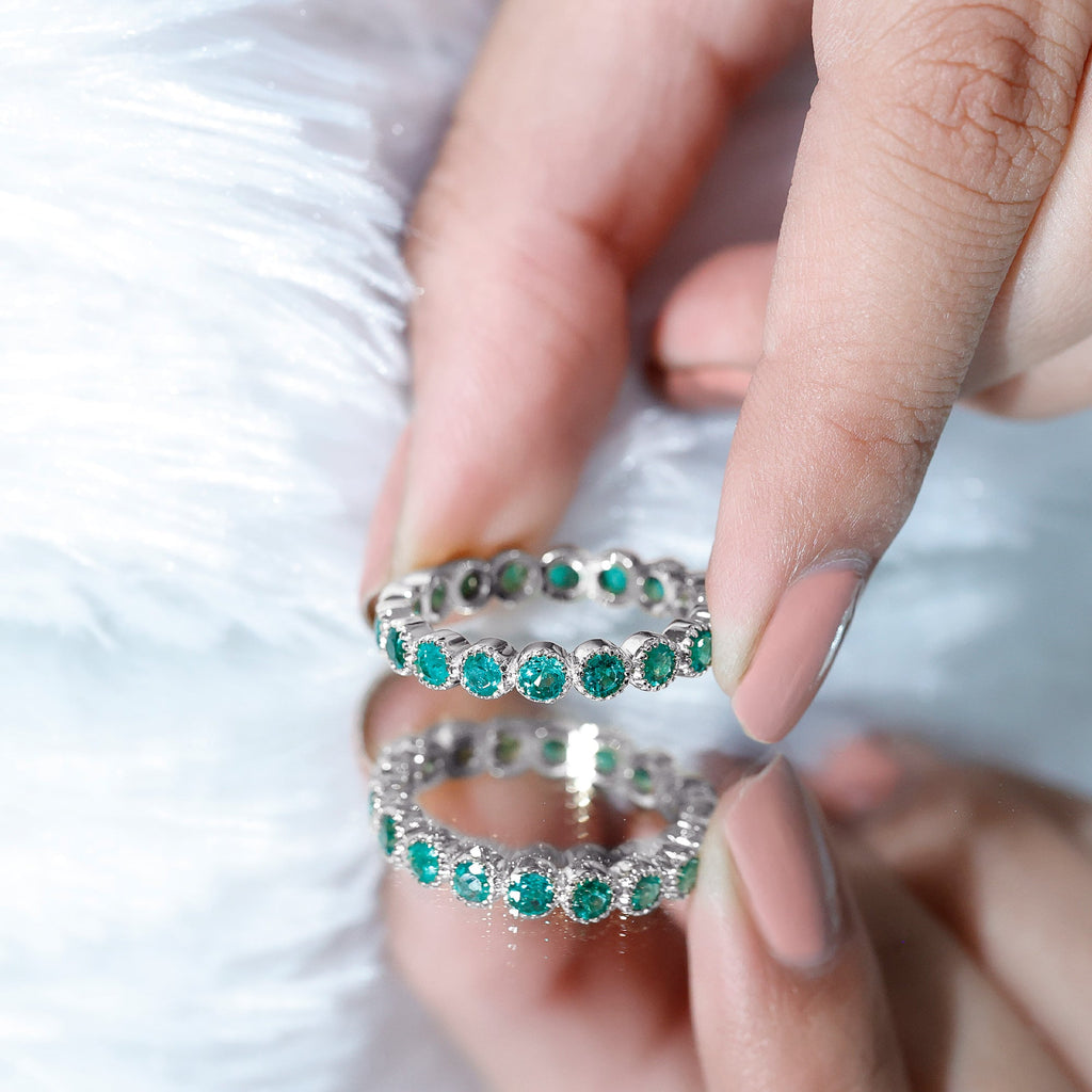Round Emerald Milgrain Bezel Eternity Wedding Band