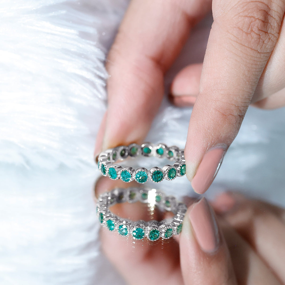 Round Emerald Milgrain Bezel Eternity Wedding Band