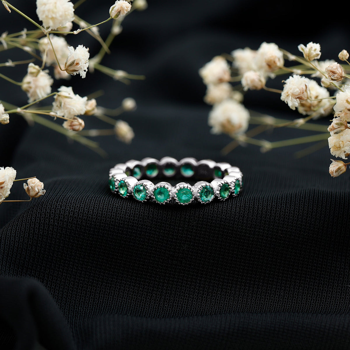 Round Emerald Milgrain Bezel Eternity Wedding Band