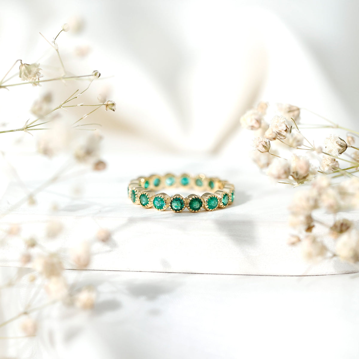 Round Emerald Milgrain Bezel Eternity Wedding Band