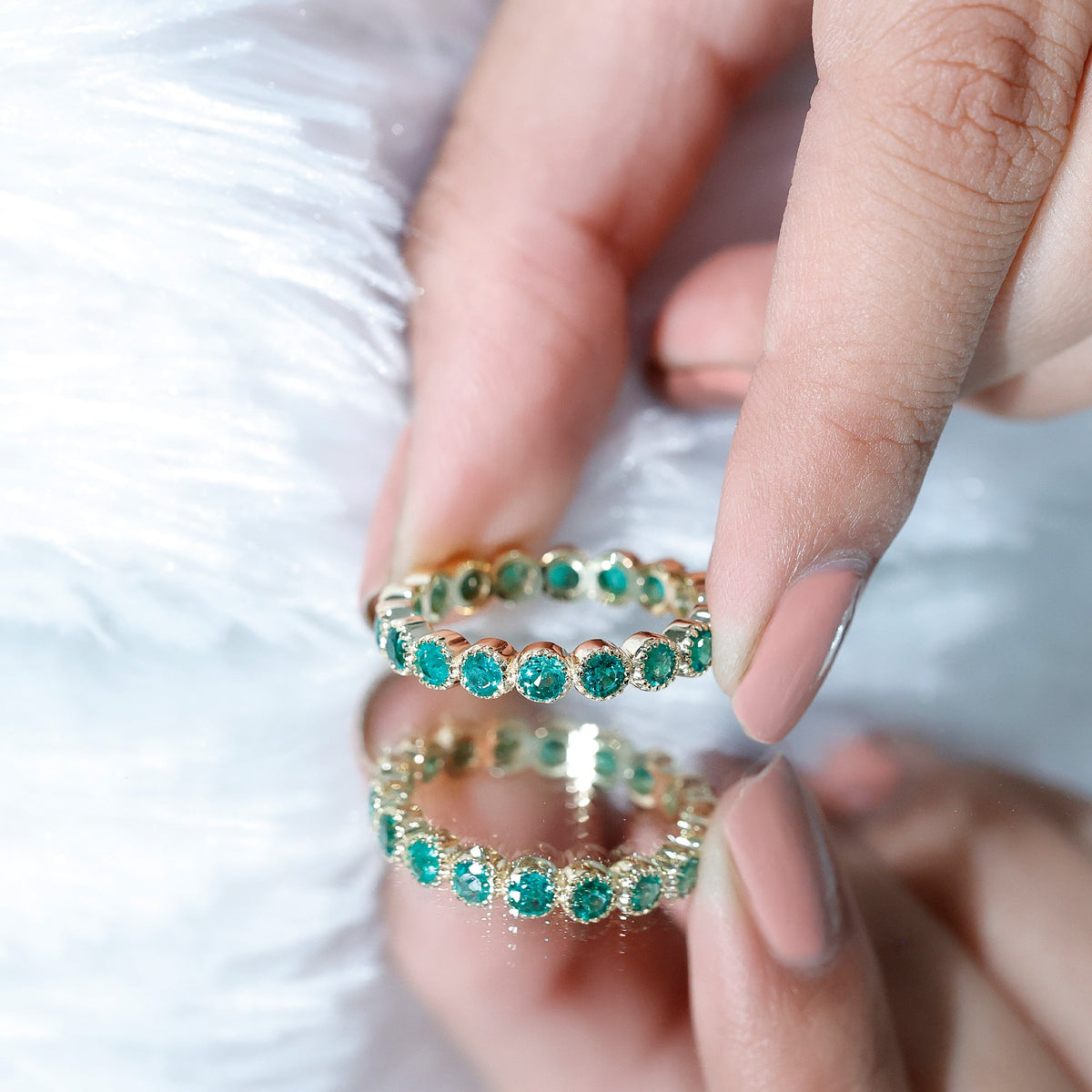 Round Emerald Milgrain Bezel Eternity Wedding Band