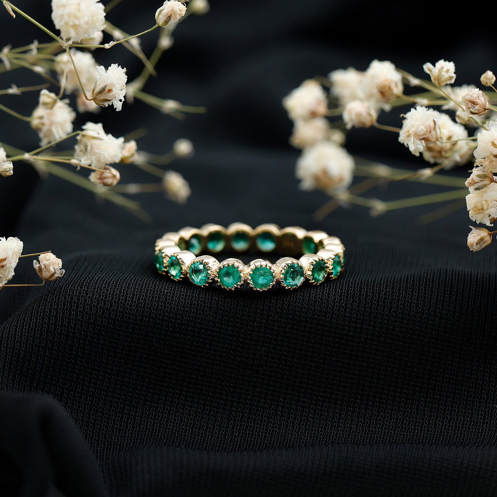 Round Emerald Milgrain Bezel Eternity Wedding Band