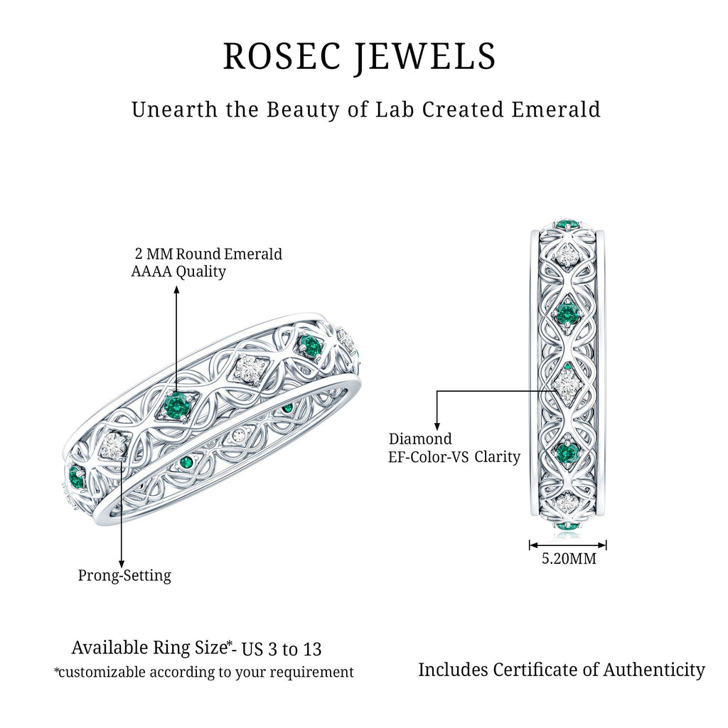 Lab Emerald and Diamond Vintage Wedding Band Ring