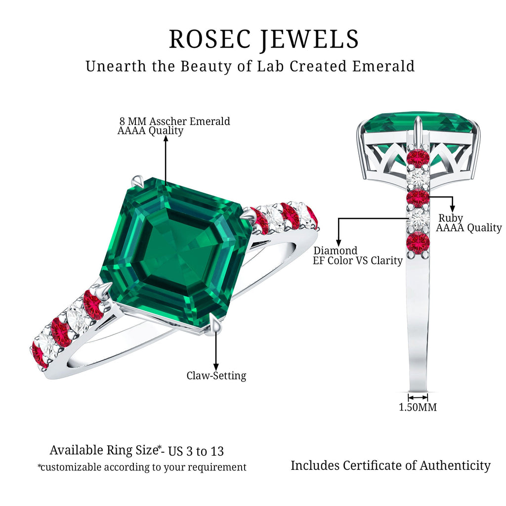 6 Carat Lab Created Emerald Engagement Ring with Lab Ruby and Diamond