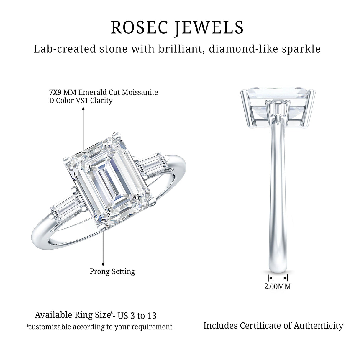 Solitaire Moissanite Emerald Cut Engagement Ring with Certificate