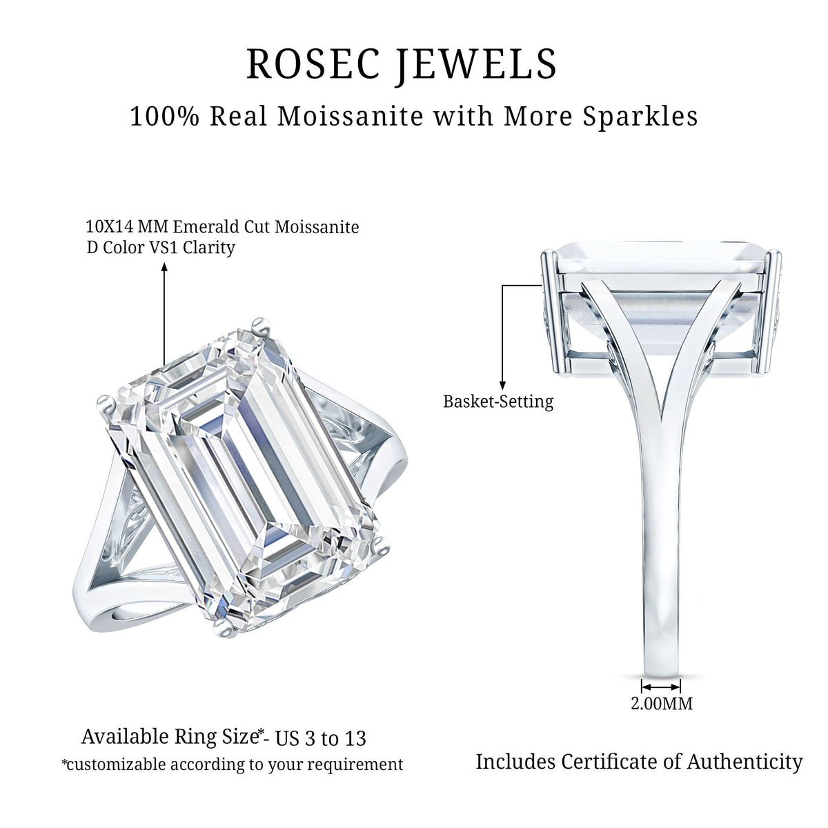 Certified 4.5 Carat Emerald Cut Moissanite Engagement Ring for Women