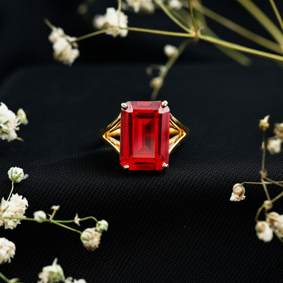 Certified 5 Carat Emerald Cut Lab Grown Ruby Engagement Ring with Split Shank