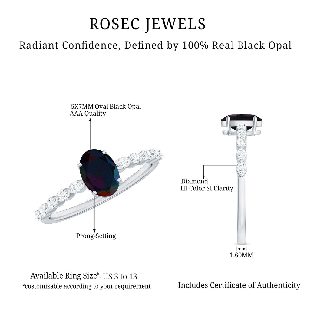 Oval Black Opal Solitaire Engagement Ring with Diamond