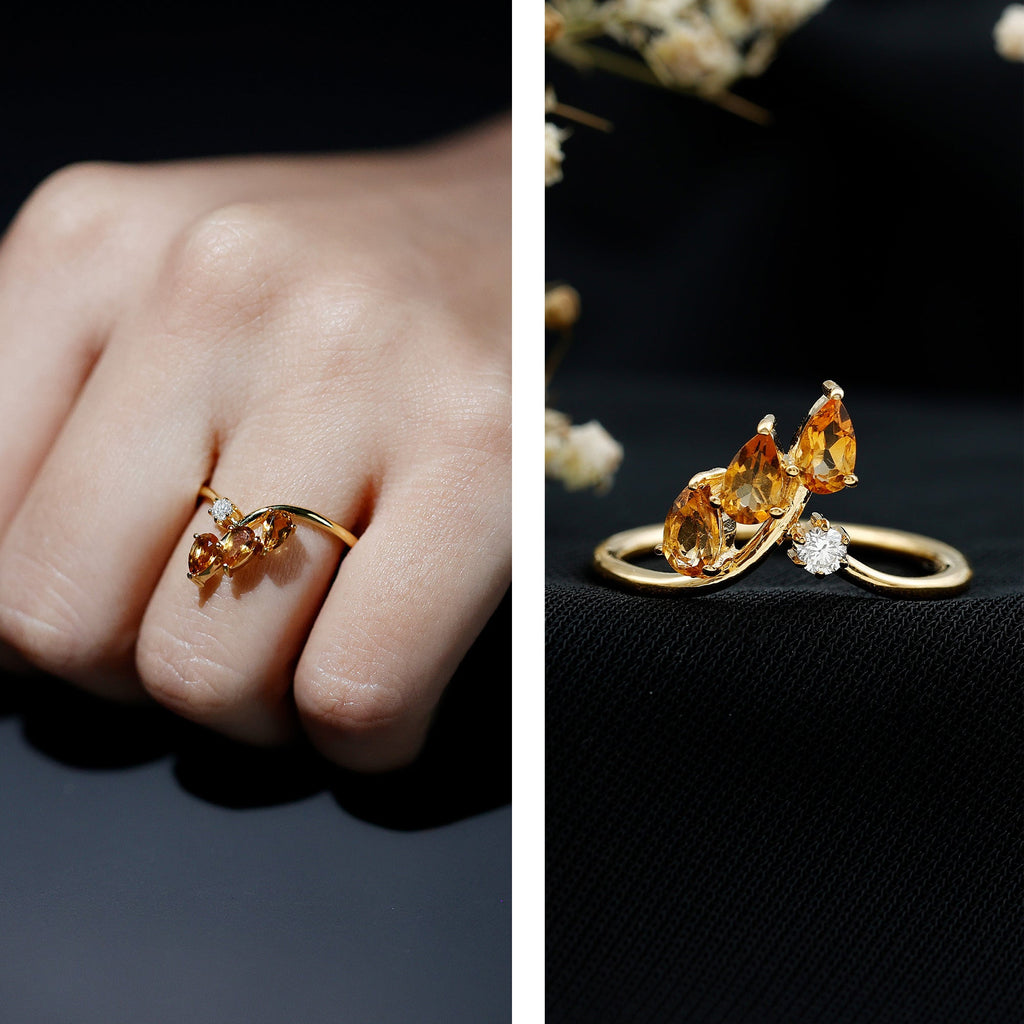 Certified Pear Shaped Citrine Ring Guard with Lab Diamond