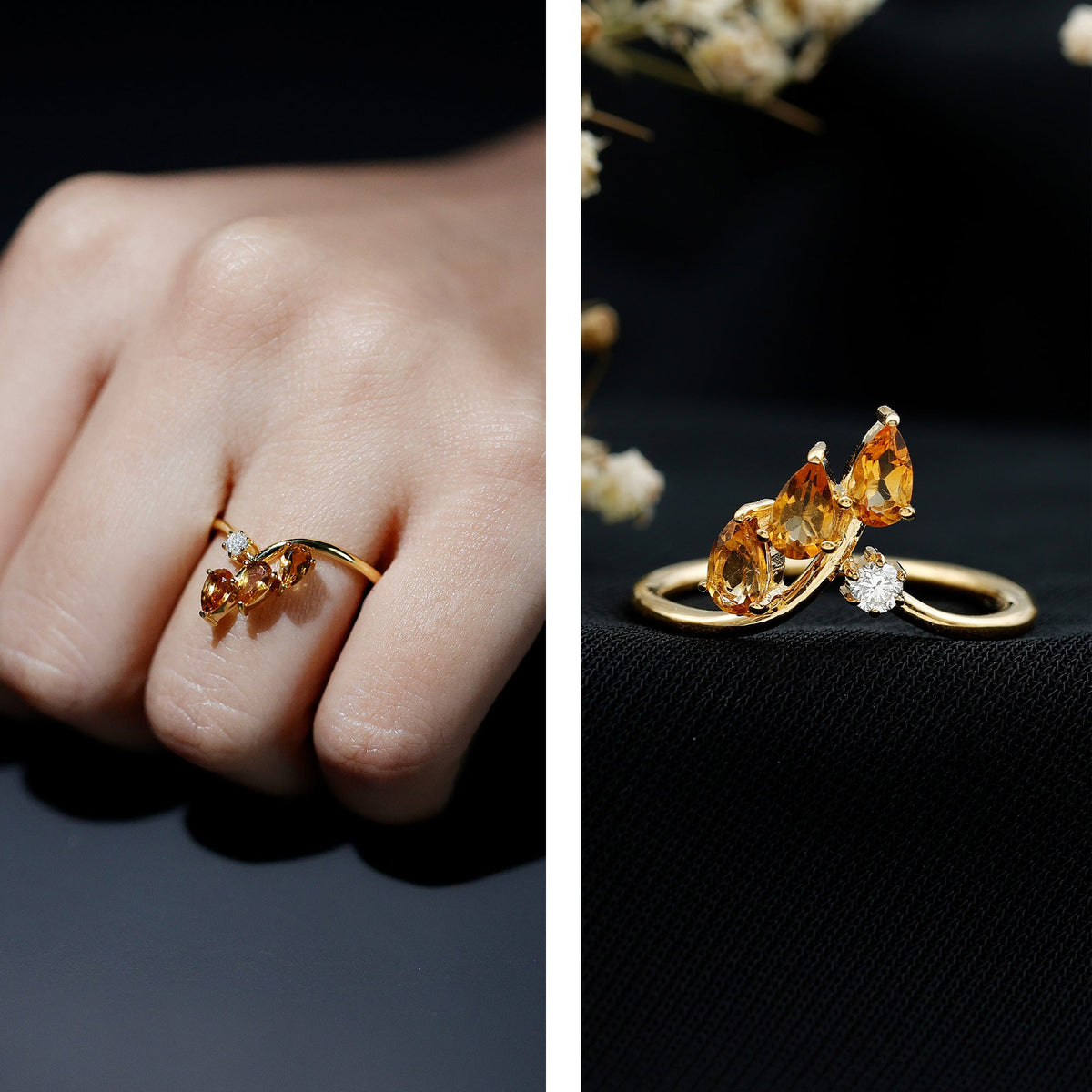Certified Pear Shaped Citrine Ring Guard with Lab Diamond