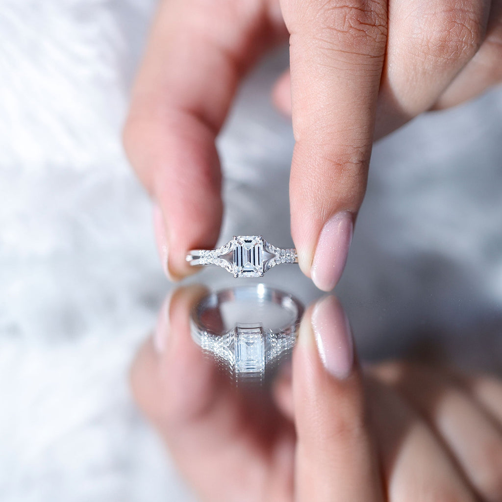 Emerald Cut Lab Diamond Engagement Ring With Split Shank Ring
