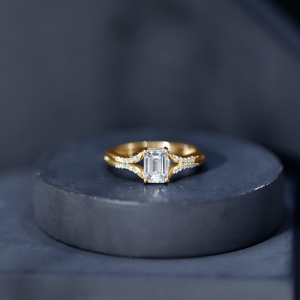 Emerald Cut Lab Diamond Engagement Ring With Split Shank Ring