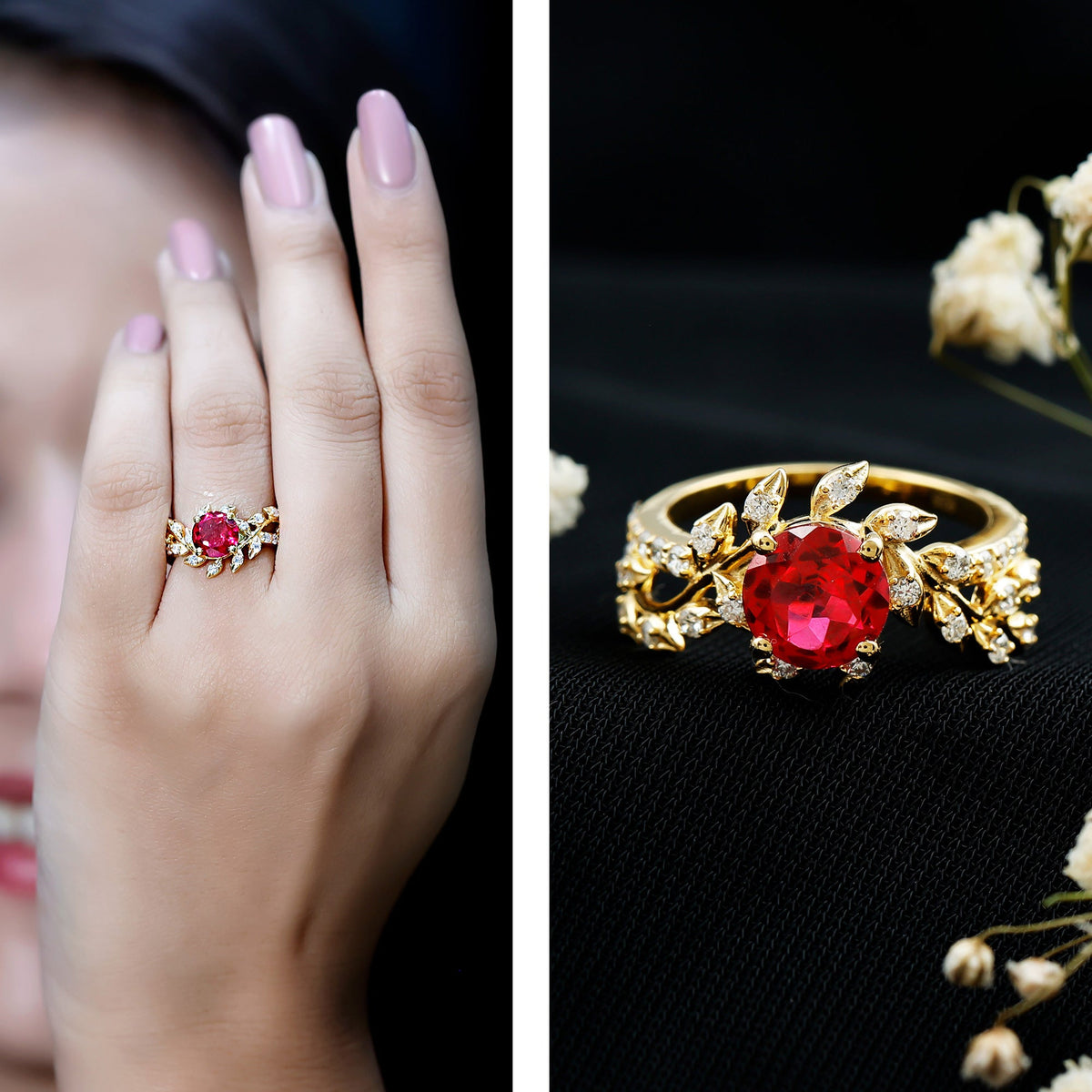 Lab Created Ruby and Diamond Vine Engagement Ring in Silver