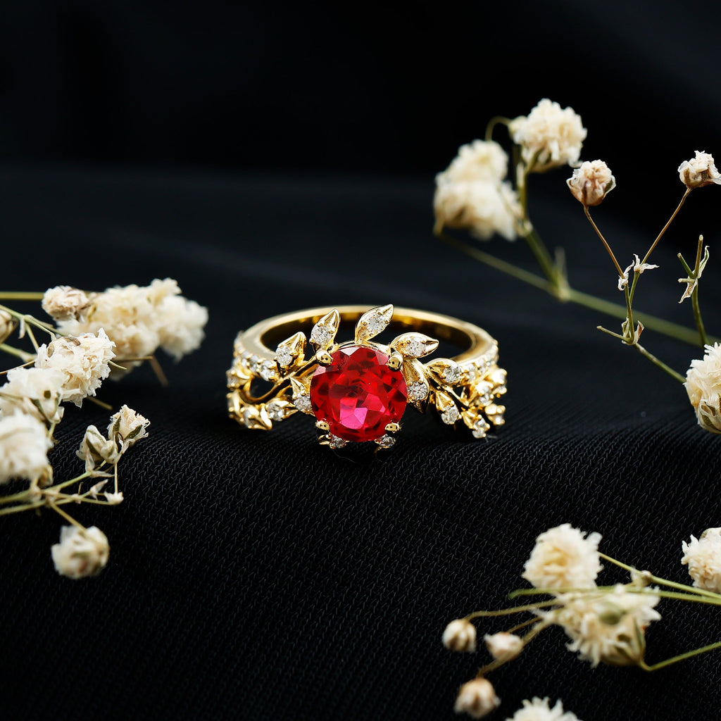 Lab Created Ruby and Diamond Vine Engagement Ring in Silver