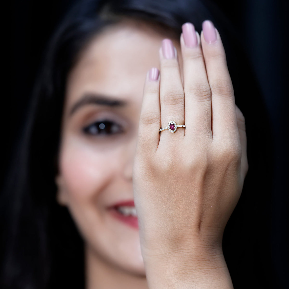 Oval Rhodolite Garnet and Diamond Promise Ring for Her