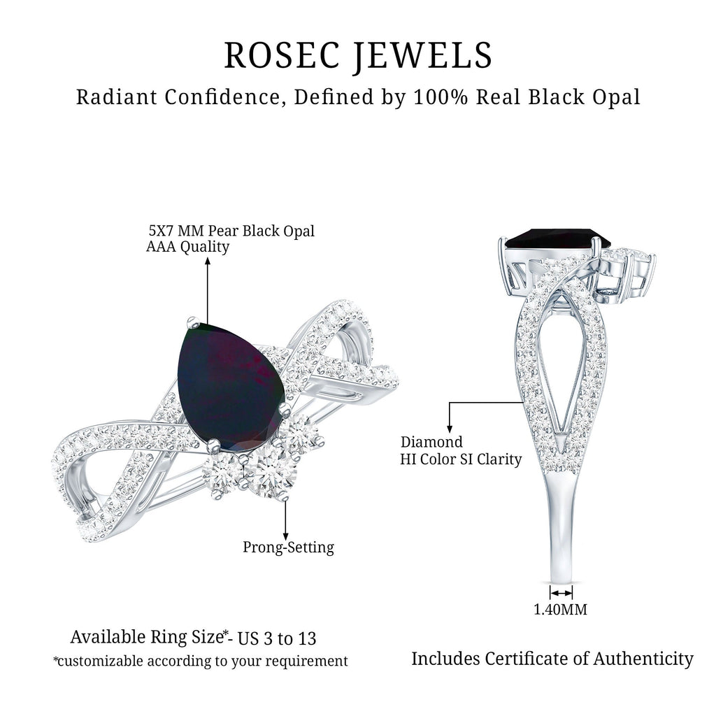 Designer Black Opal Teardrop Crossover Ring with Diamond