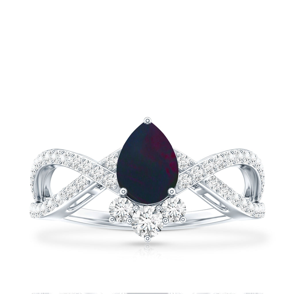 Designer Black Opal Teardrop Crossover Ring with Diamond
