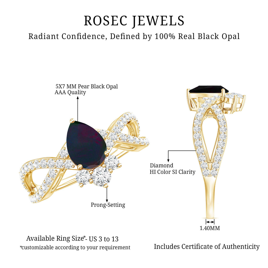 Designer Black Opal Teardrop Crossover Ring with Diamond
