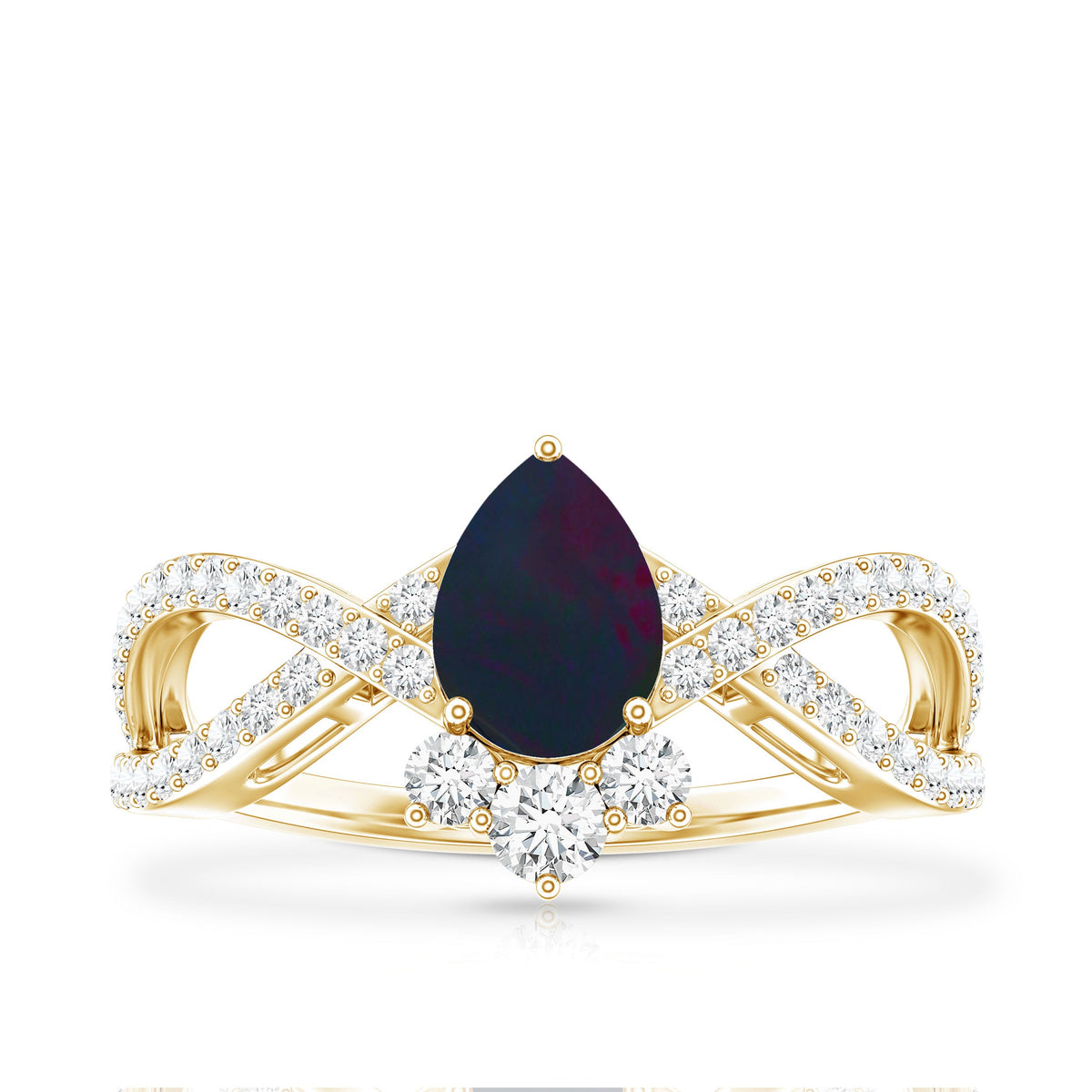 Designer Black Opal Teardrop Crossover Ring with Diamond