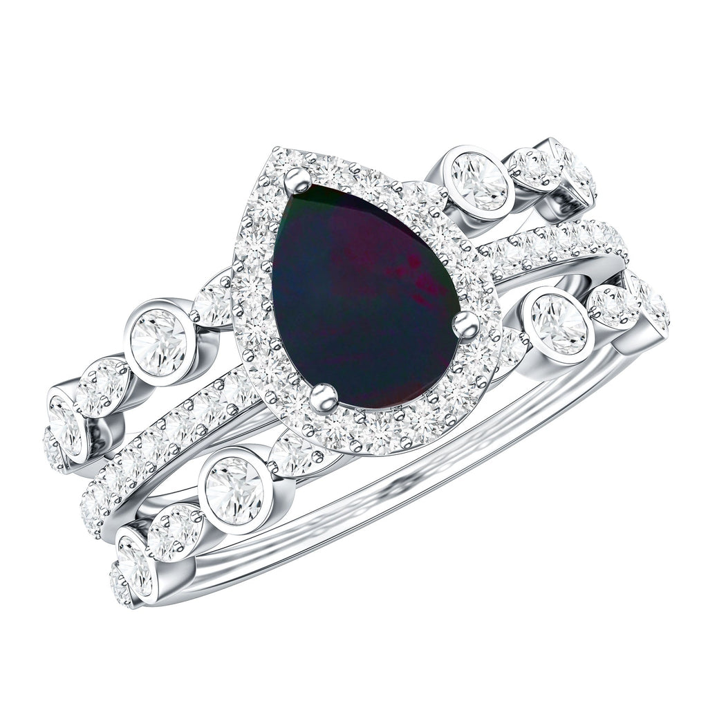 0.7 Carat Pear Cut Black Opal Trio Wedding Ring Set with Moissanite
