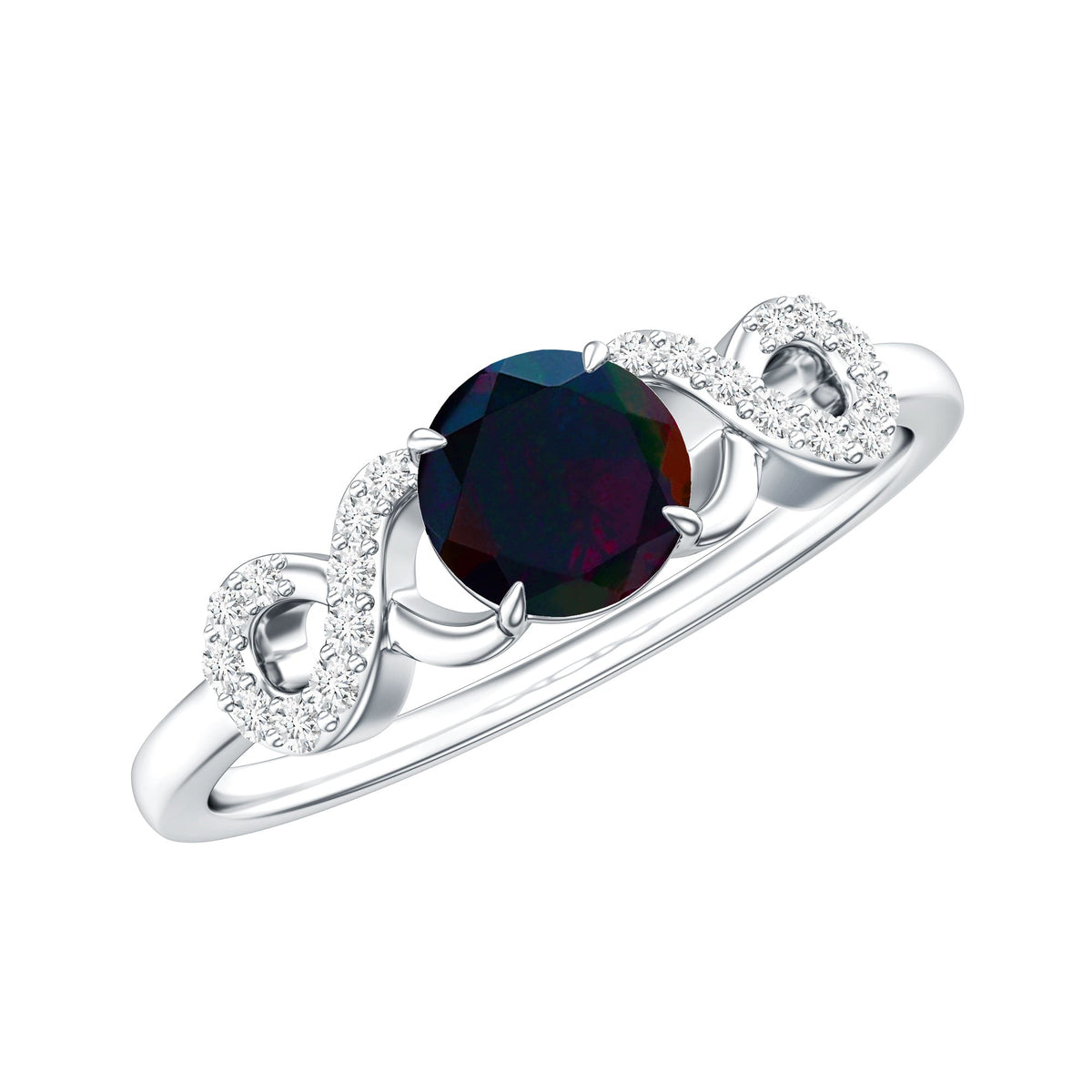 Round Black Opal Criss Cross Promise Ring with Diamond