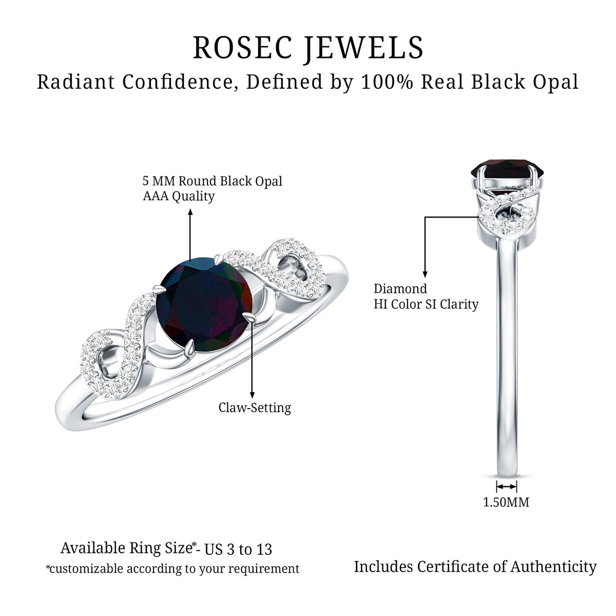 Round Black Opal Criss Cross Promise Ring with Diamond