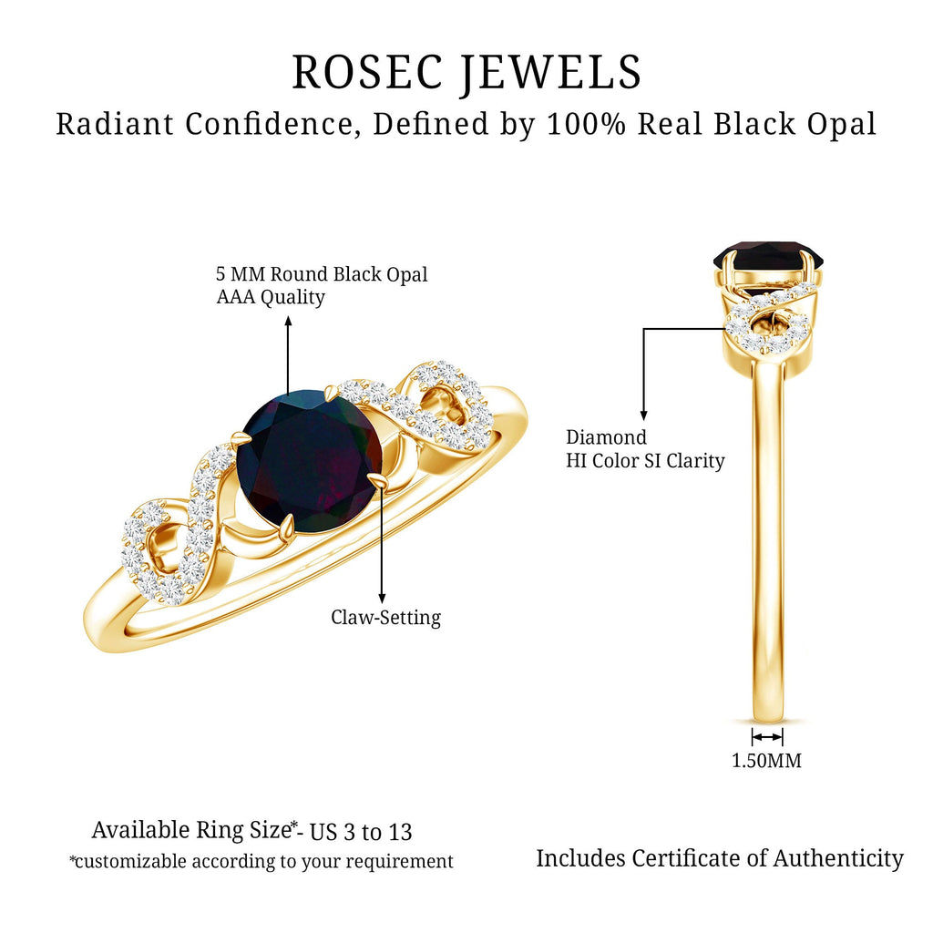Round Black Opal Criss Cross Promise Ring with Diamond