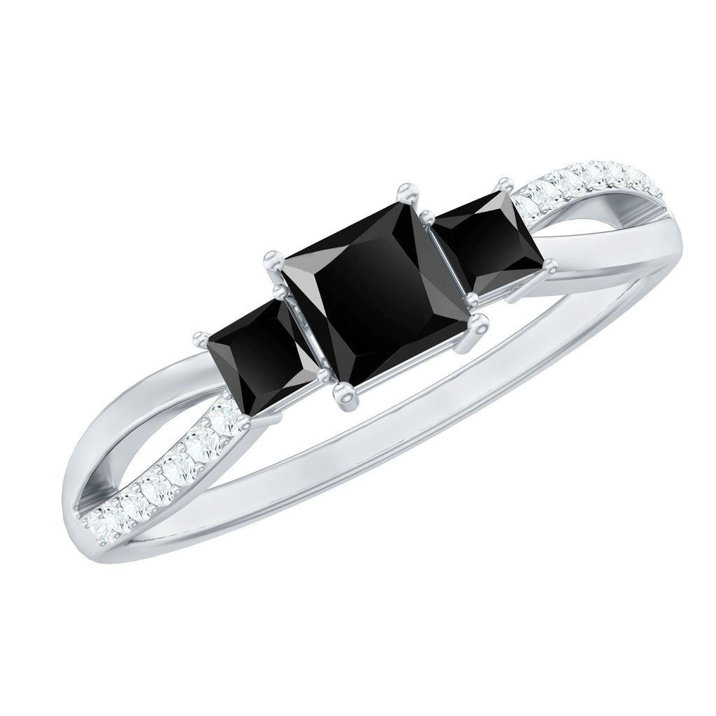 Princess Cut Black Onyx 3 Stone Promise Ring with Diamond