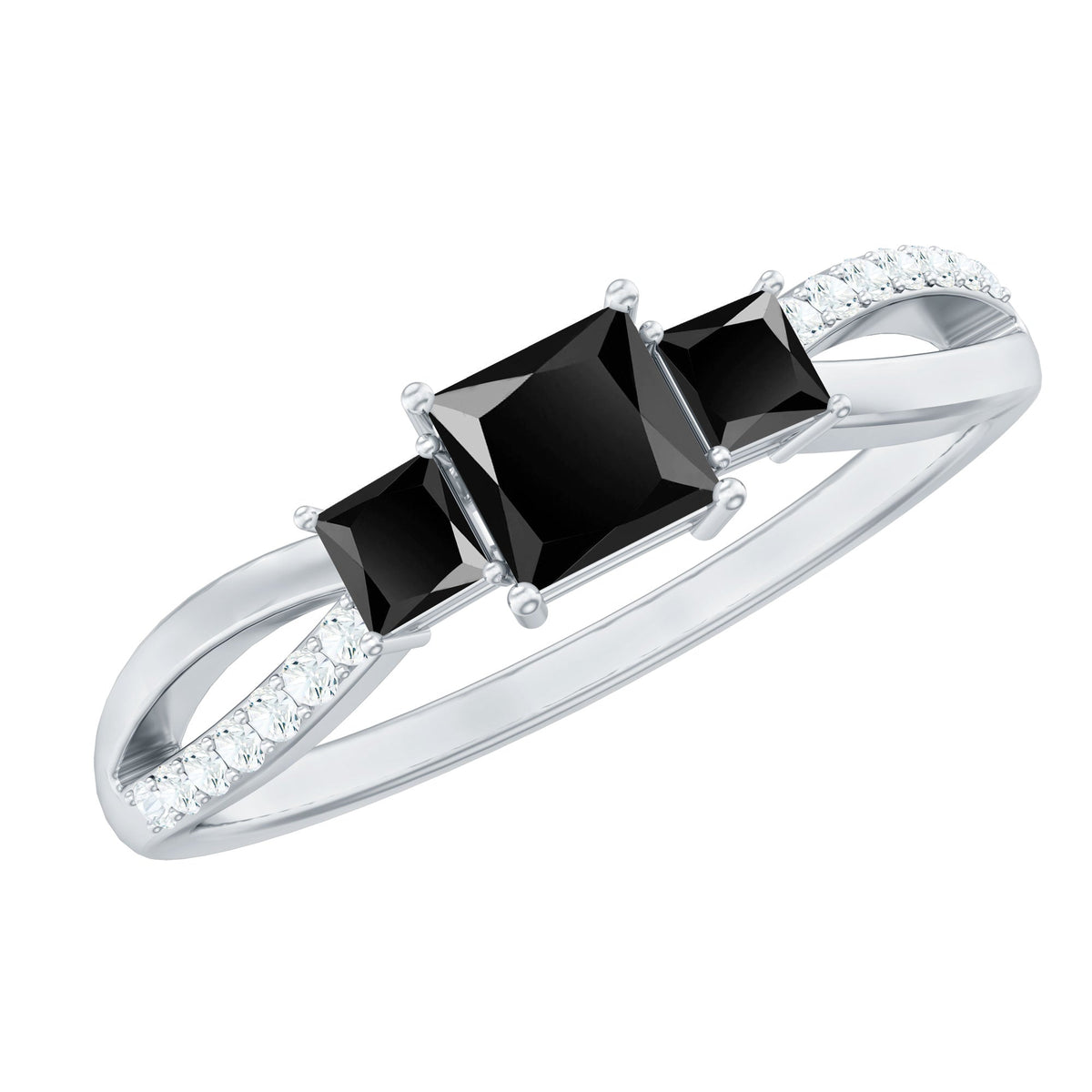 Princess Cut Black Onyx 3 Stone Promise Ring with Diamond