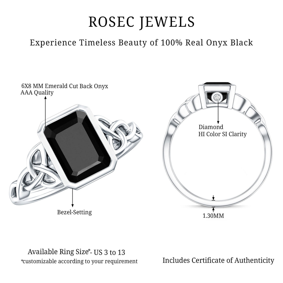 Emerald Cut Black Onyx Bezel Set Engagement Ring with Surprise Diamond