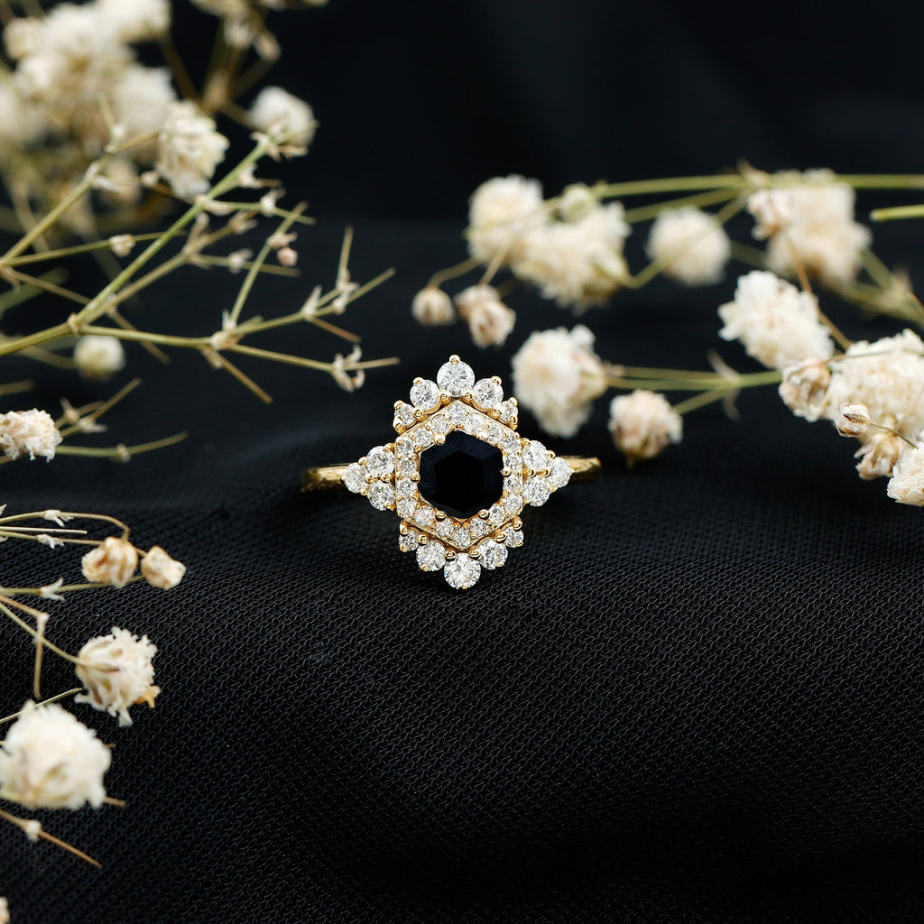 Black Spinel and Diamond Vintage Engagement Ring in Silver