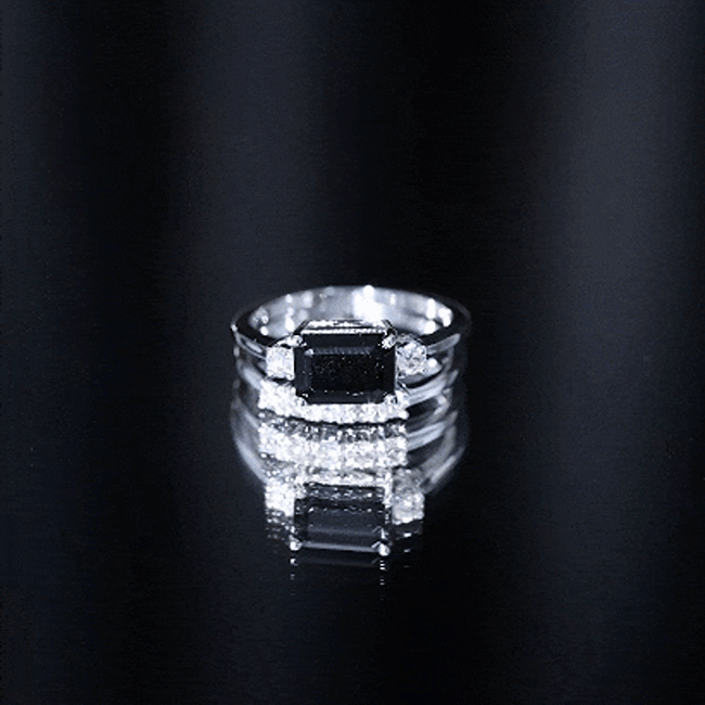Emerald Cut Black Onyx and Diamond Wedding Ring Set
