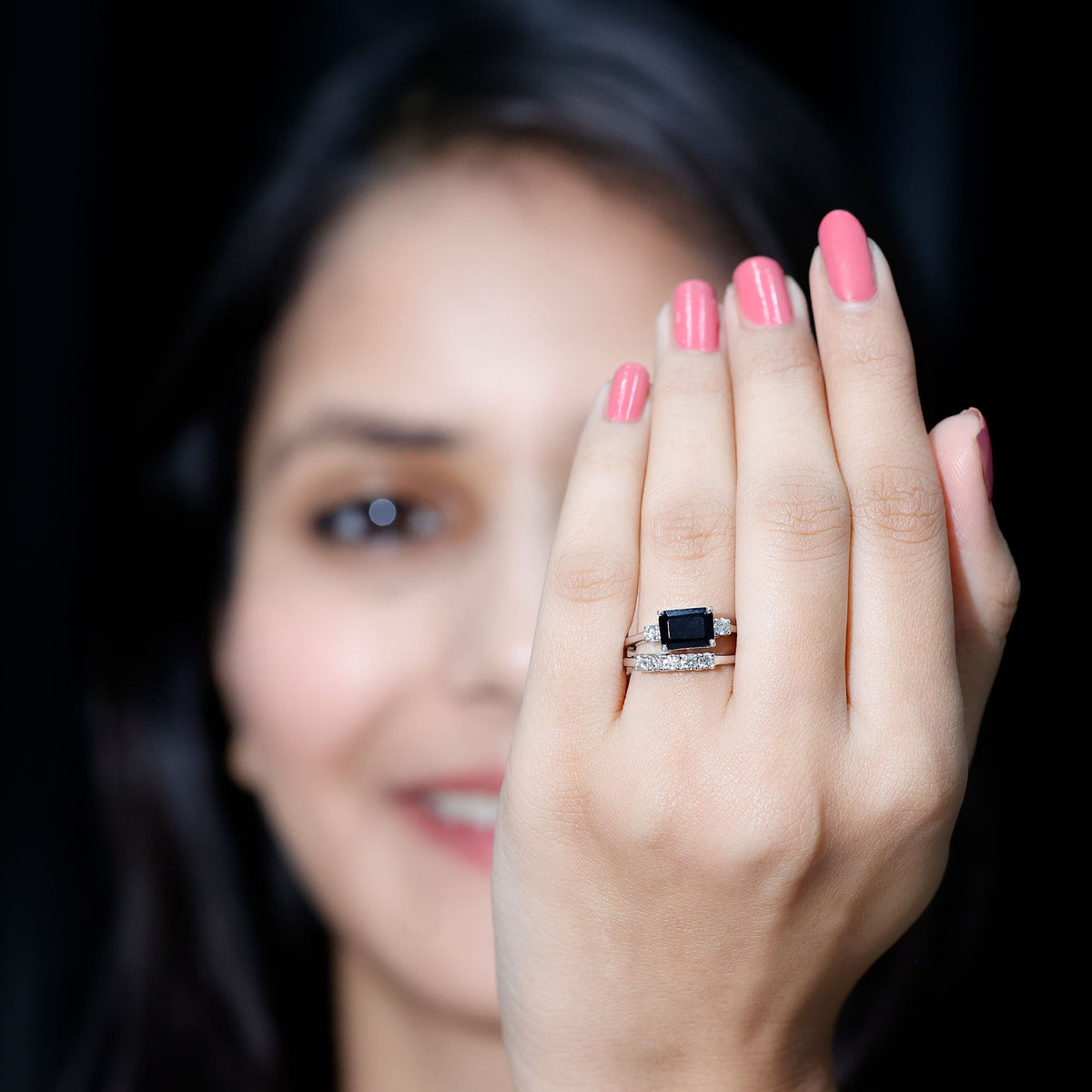 Emerald Cut Black Onyx and Diamond Wedding Ring Set