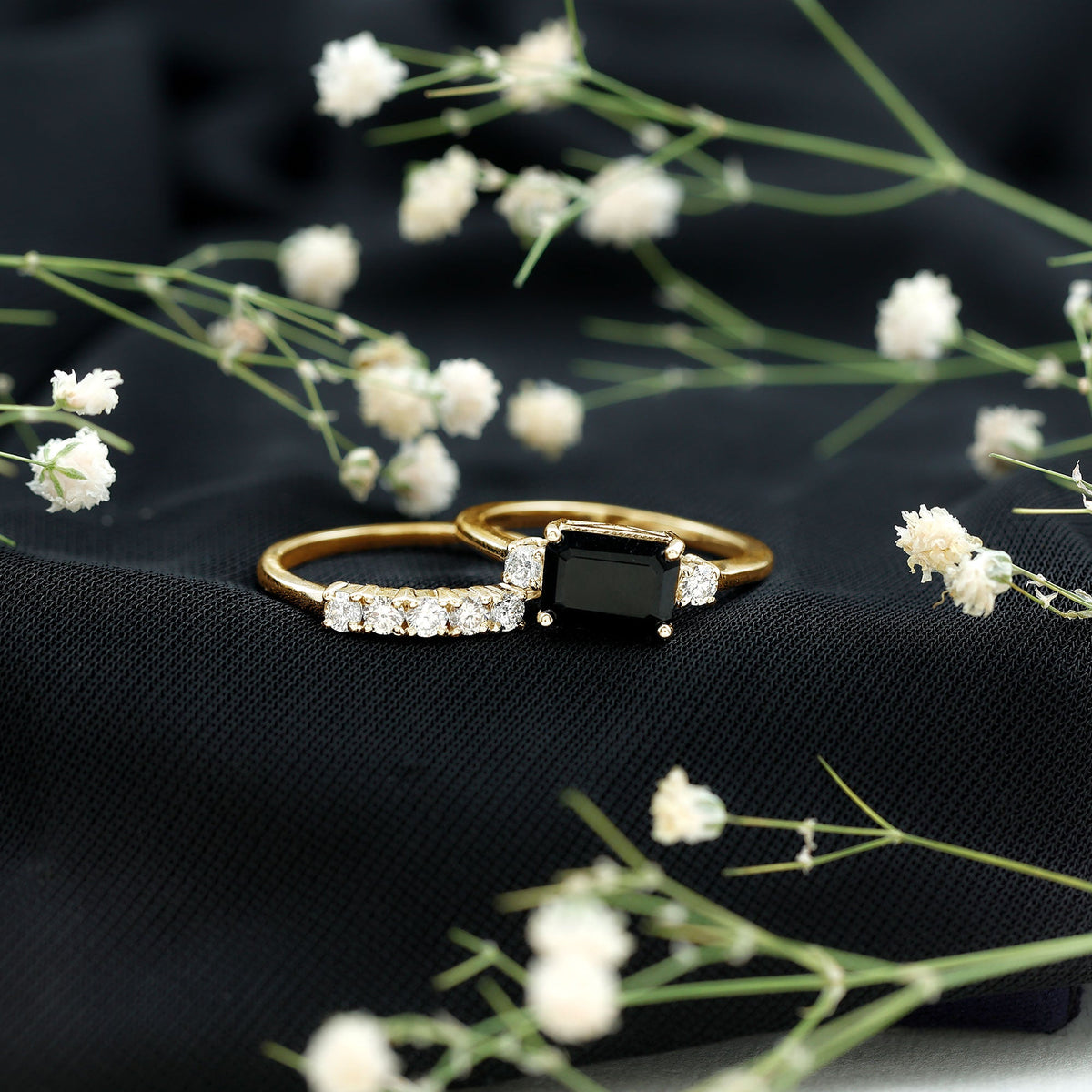 Emerald Cut Black Onyx and Diamond Wedding Ring Set
