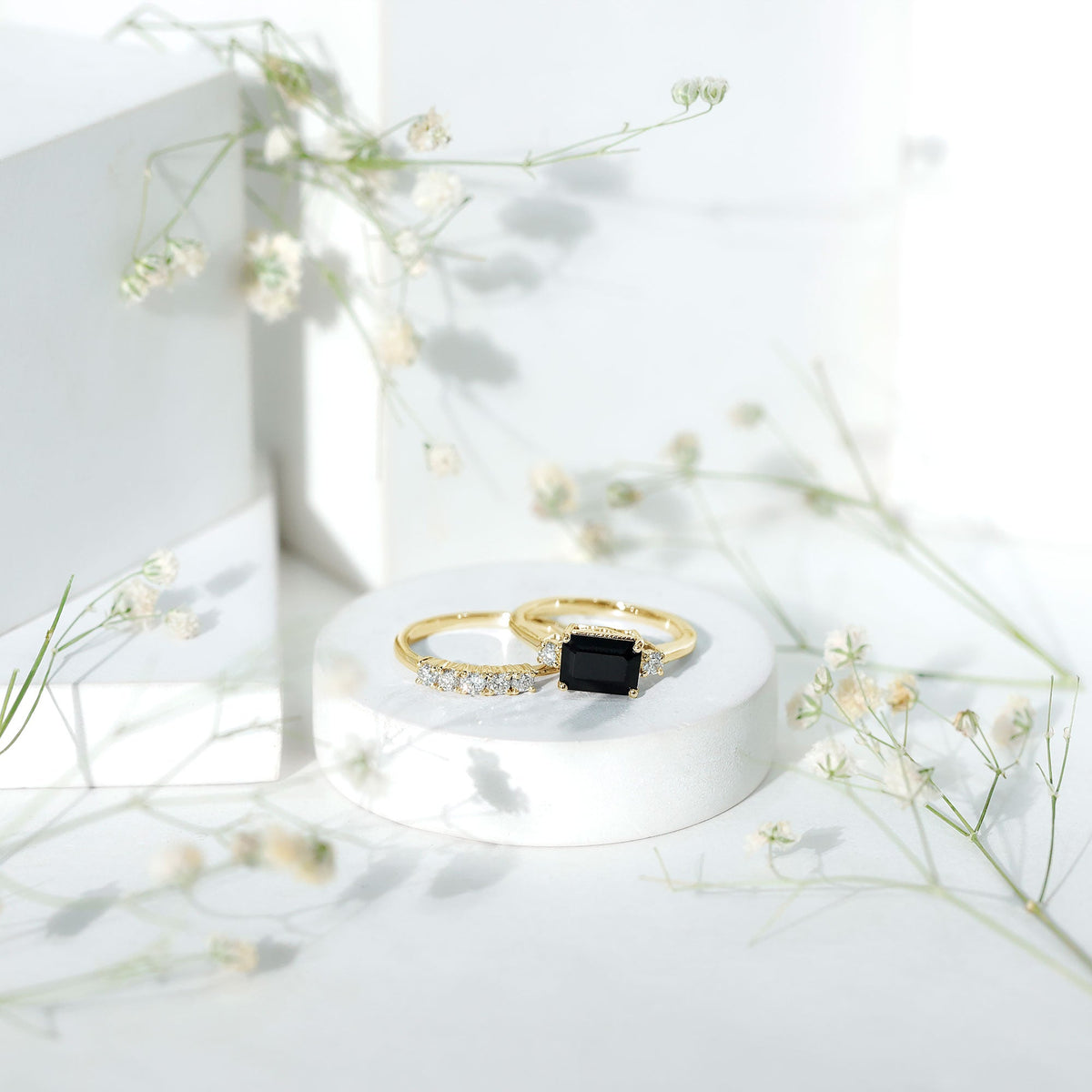 Emerald Cut Black Onyx and Diamond Wedding Ring Set