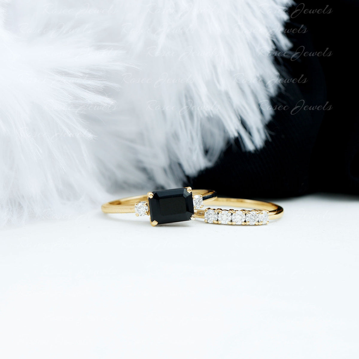 Emerald Cut Black Onyx and Diamond Wedding Ring Set