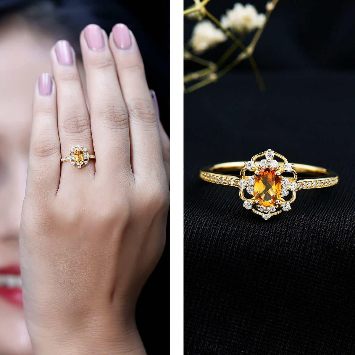 Genuine Citrine Vintage Engagement Ring in Gold Plated Silver