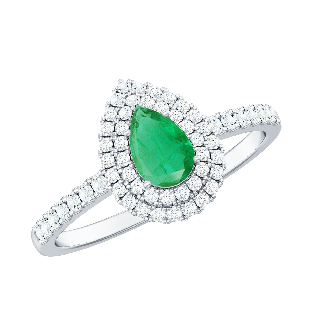 Natural Emerald Teardrop Engagement Ring with Diamond Double Halo