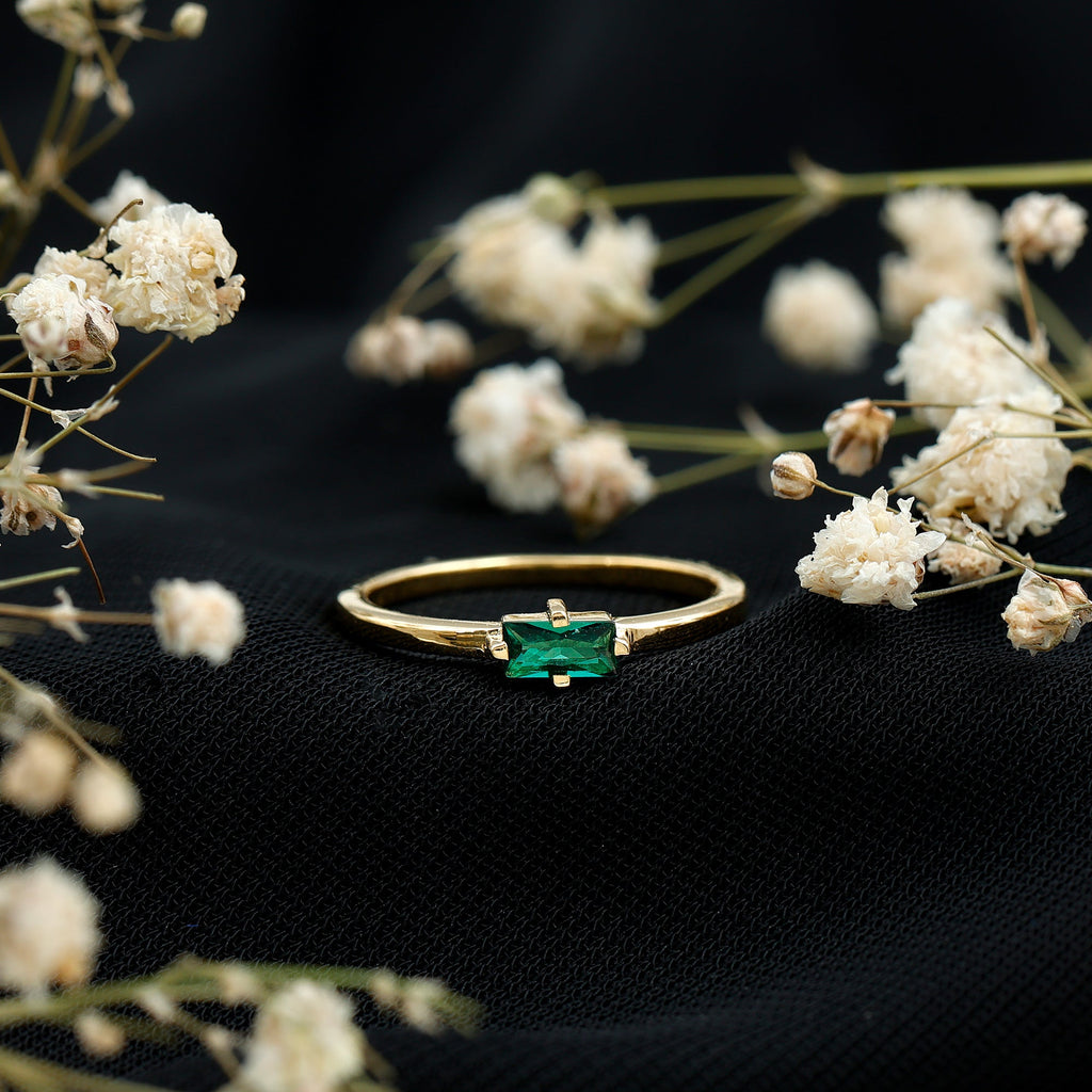 Baguette Cut Lab Emerald Solitaire Promise Ring in East West Style