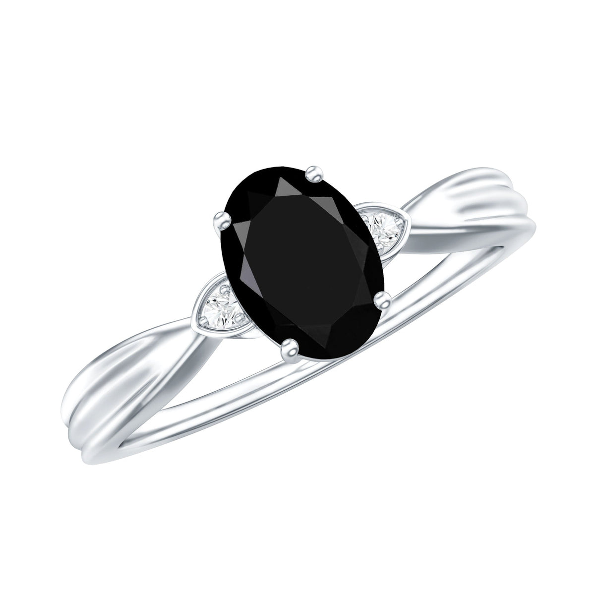 Oval Black Onyx Solitaire Engagement Ring with Diamond Accents