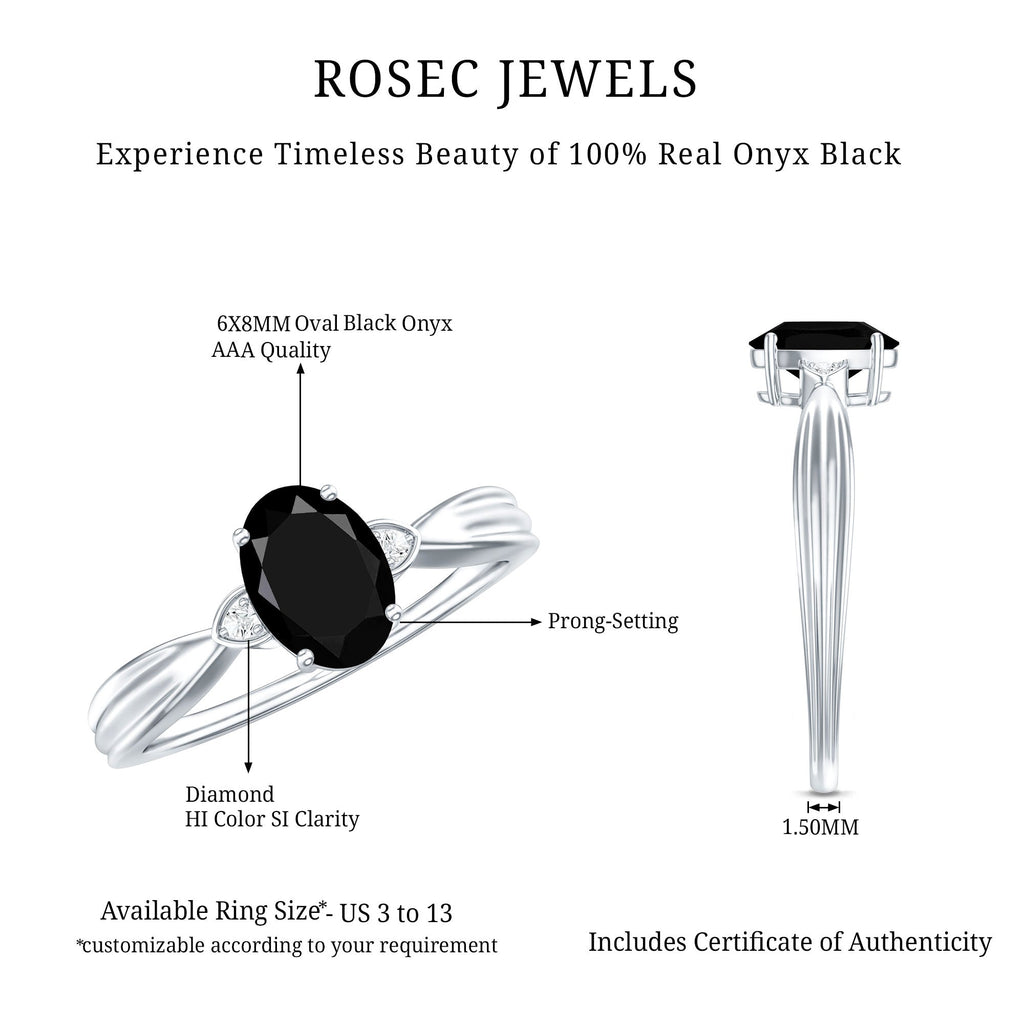 Oval Black Onyx Solitaire Engagement Ring with Diamond Accents