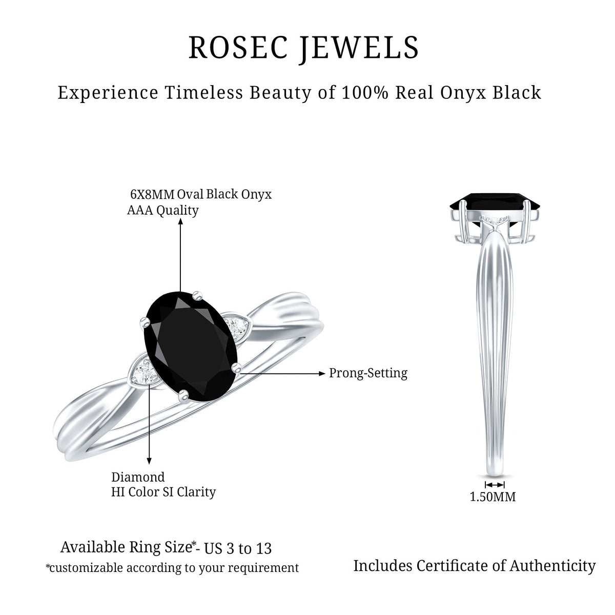 Oval Black Onyx Solitaire Engagement Ring with Diamond Accents