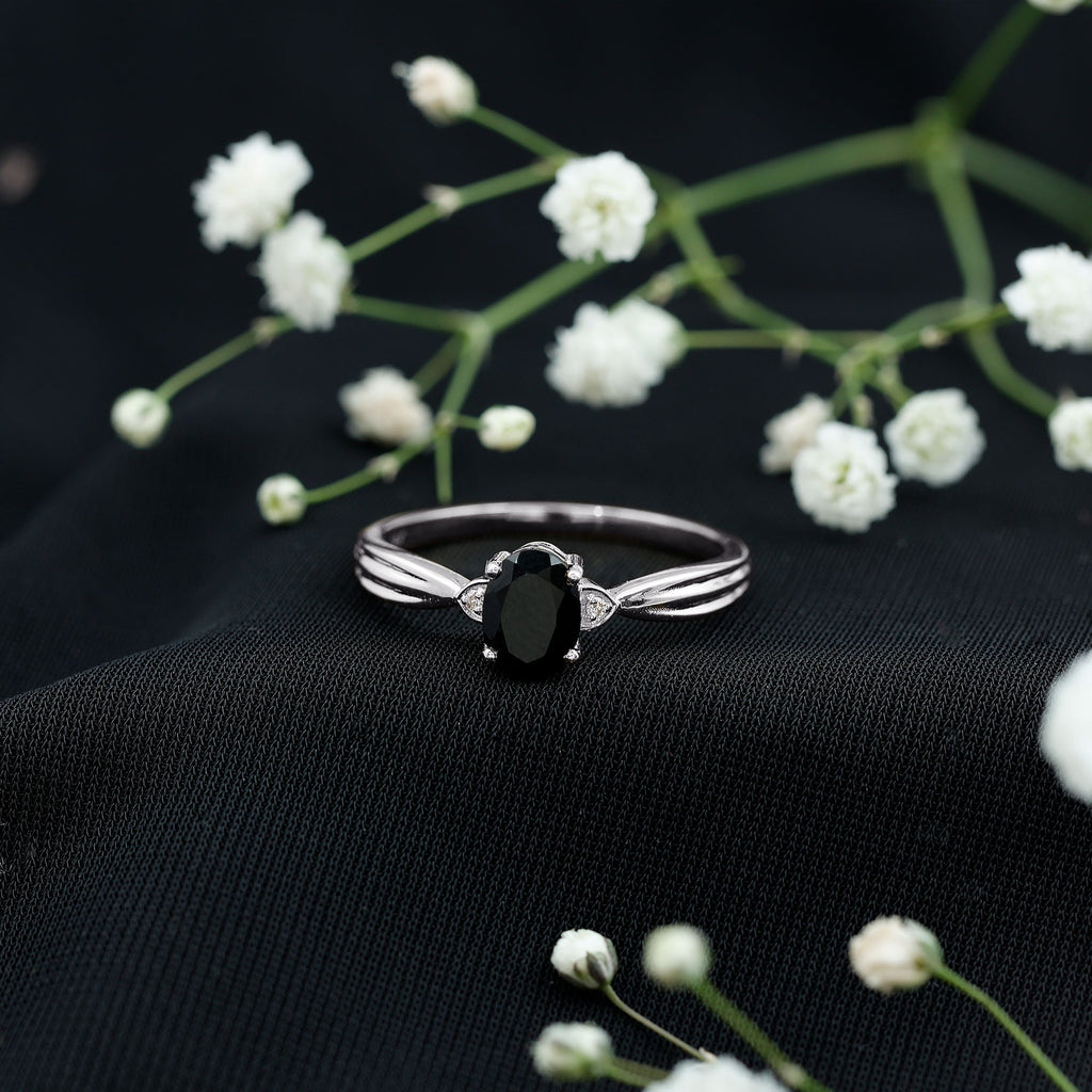 Oval Black Onyx Solitaire Engagement Ring with Diamond Accents